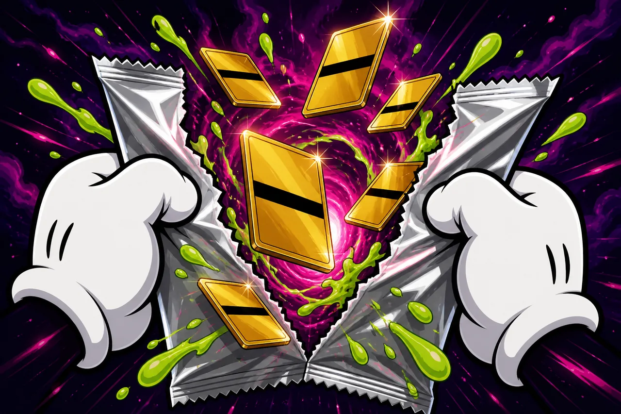 Cartoon gloves ripping foil. Gold Superfractors fly out.