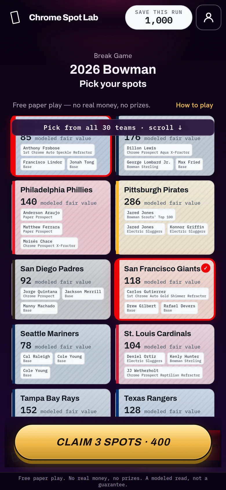 Break Game spot picker: 30 team spots from a real 2026 Bowman checklist, each at a modeled fair value.
