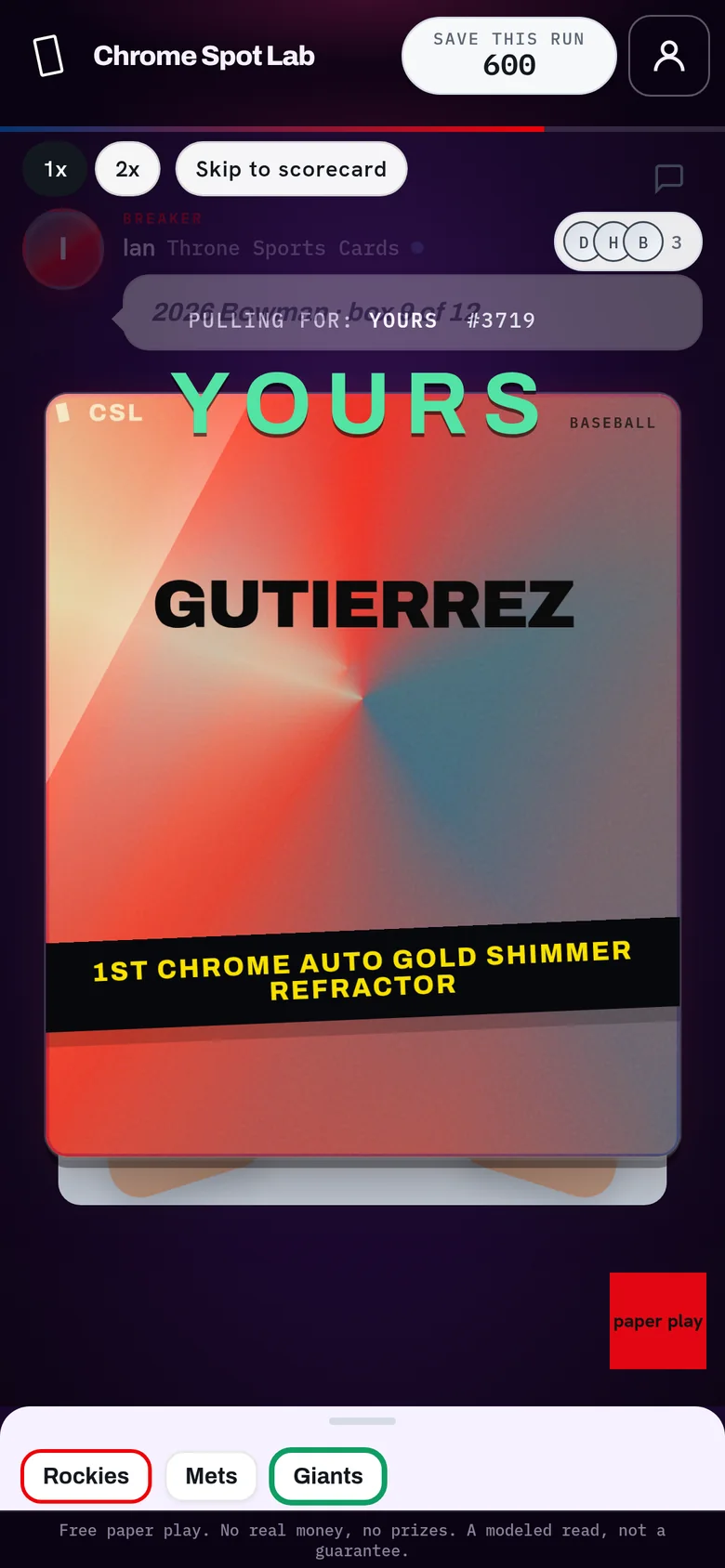 Break Game reveal: a 1st Chrome Auto Gold Shimmer Refractor lands on your spot, marked YOURS.